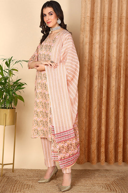 Plus Size Peach Pure Cotton Floral Printed Straight Suit Set